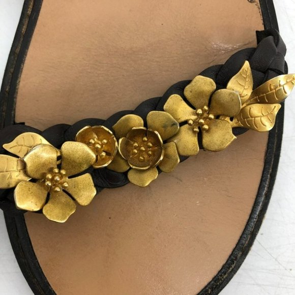Valentino Garavani brown leather braided strappy sandals gold flower embroidery - Picture 5 of 14